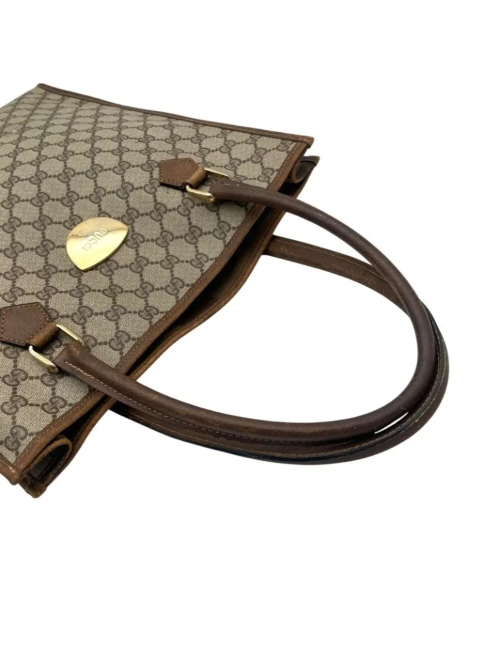 Gucci Tote Handle Vintage GG Plus Leather Gray Brown Gold Simple Business Daily
